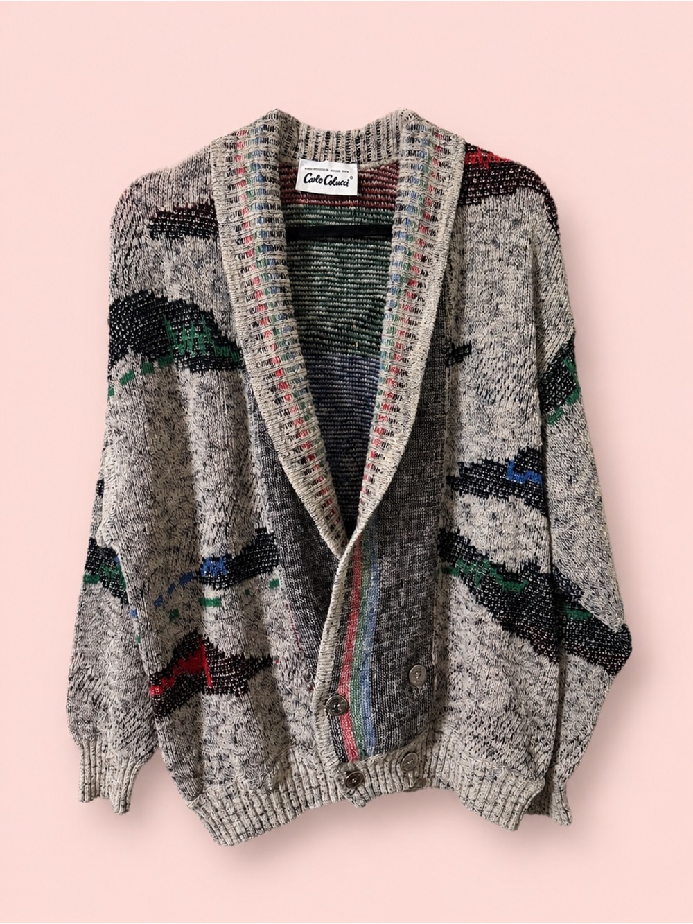 Vintage Carlo Colucci Abstract Knit Cardigan Coogi Style Oversized Sweater L/XL
